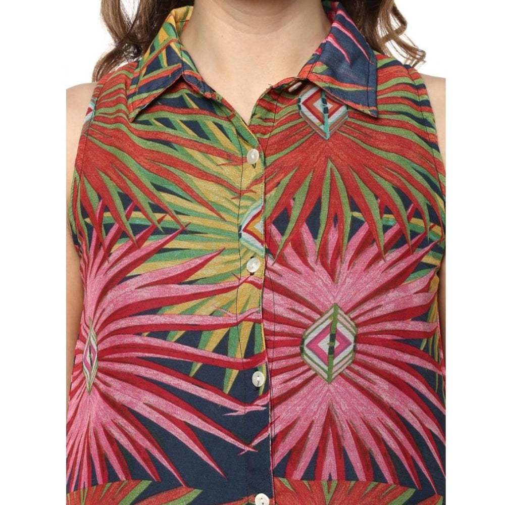 Generic Women's Polyester Floral Sleeveless Below Knee Dress (Multicolor)