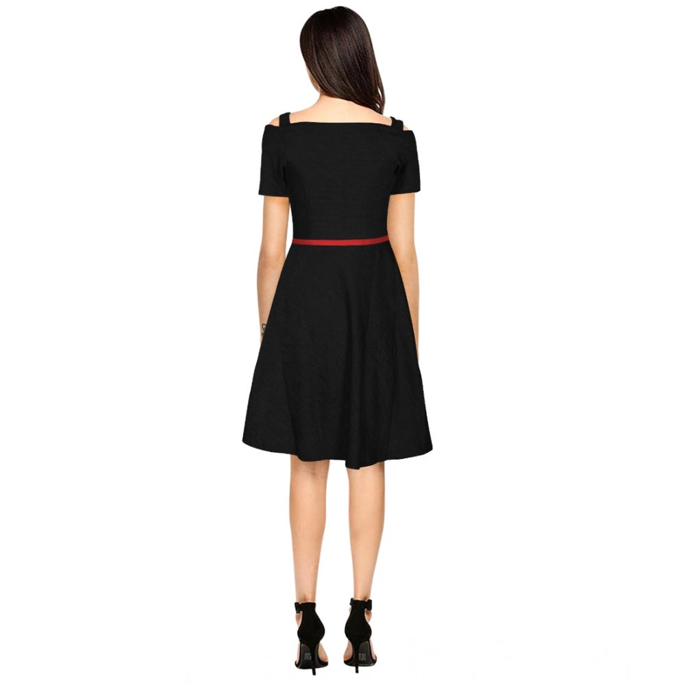 Generic Women's Polyester Solid V Neck Cap Sleeve Dress (Black)