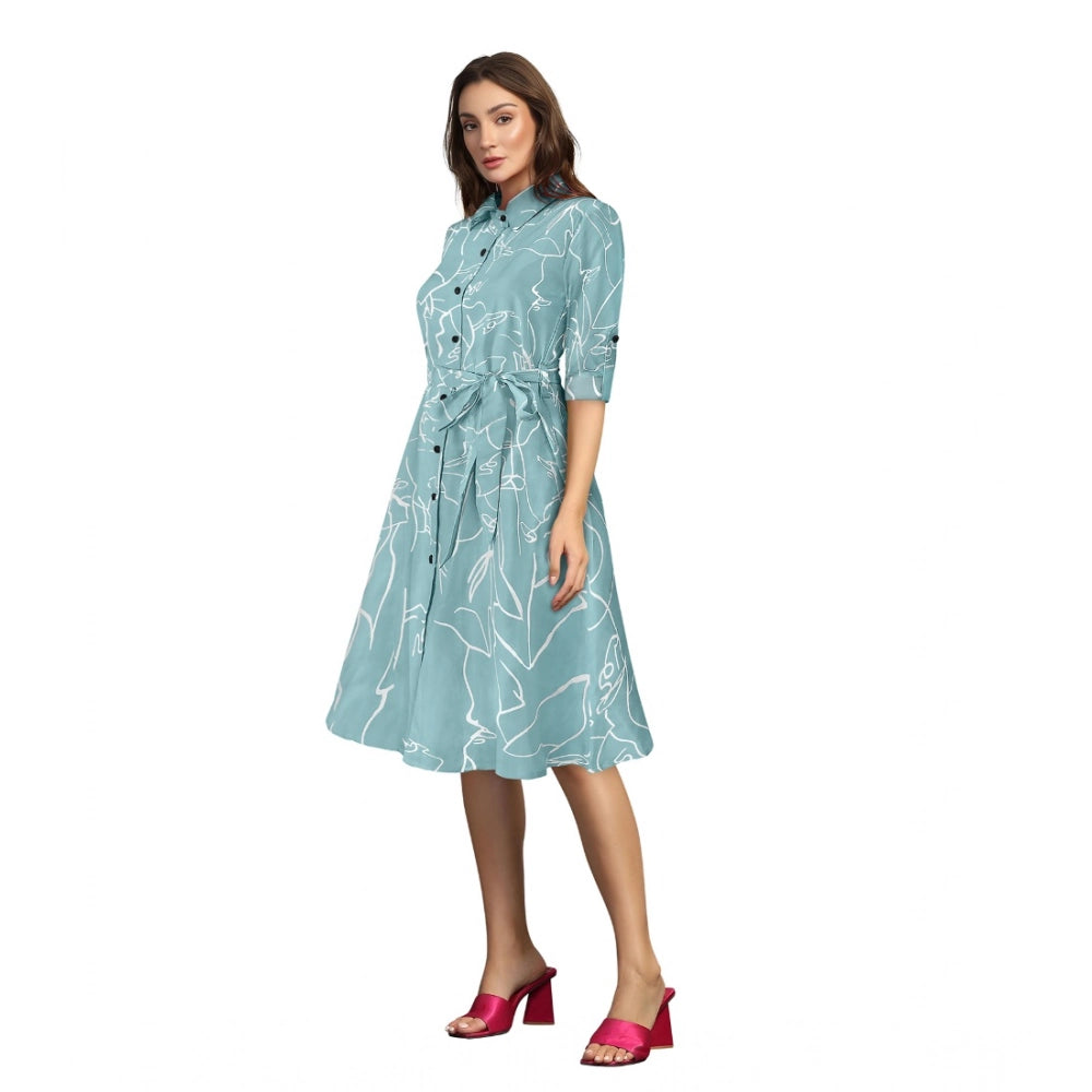 Generic Women's Ruby Cotton Printed Shirt Collar 3-4th Sleeve Dress (Pista)