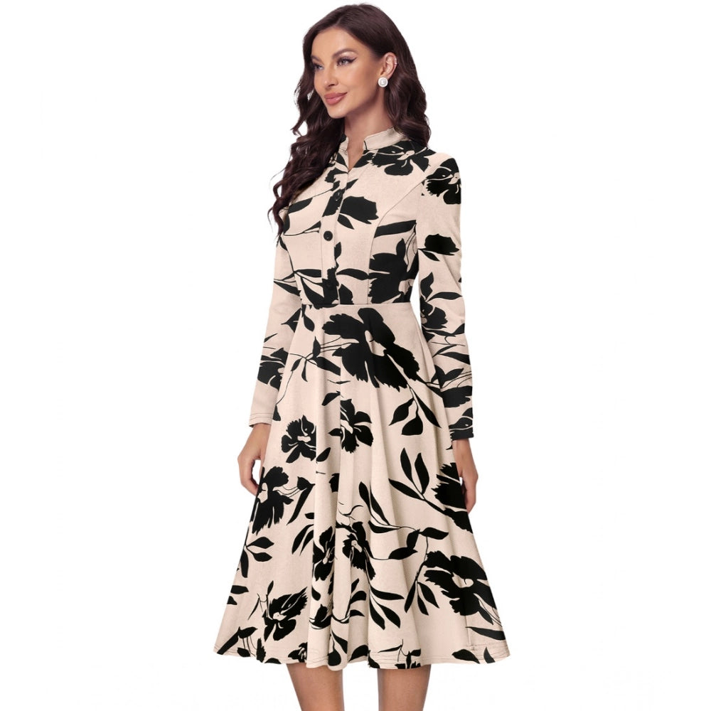 Generic Women's Knitting Printed V-Neck Full Sleeve Dress (Cream)