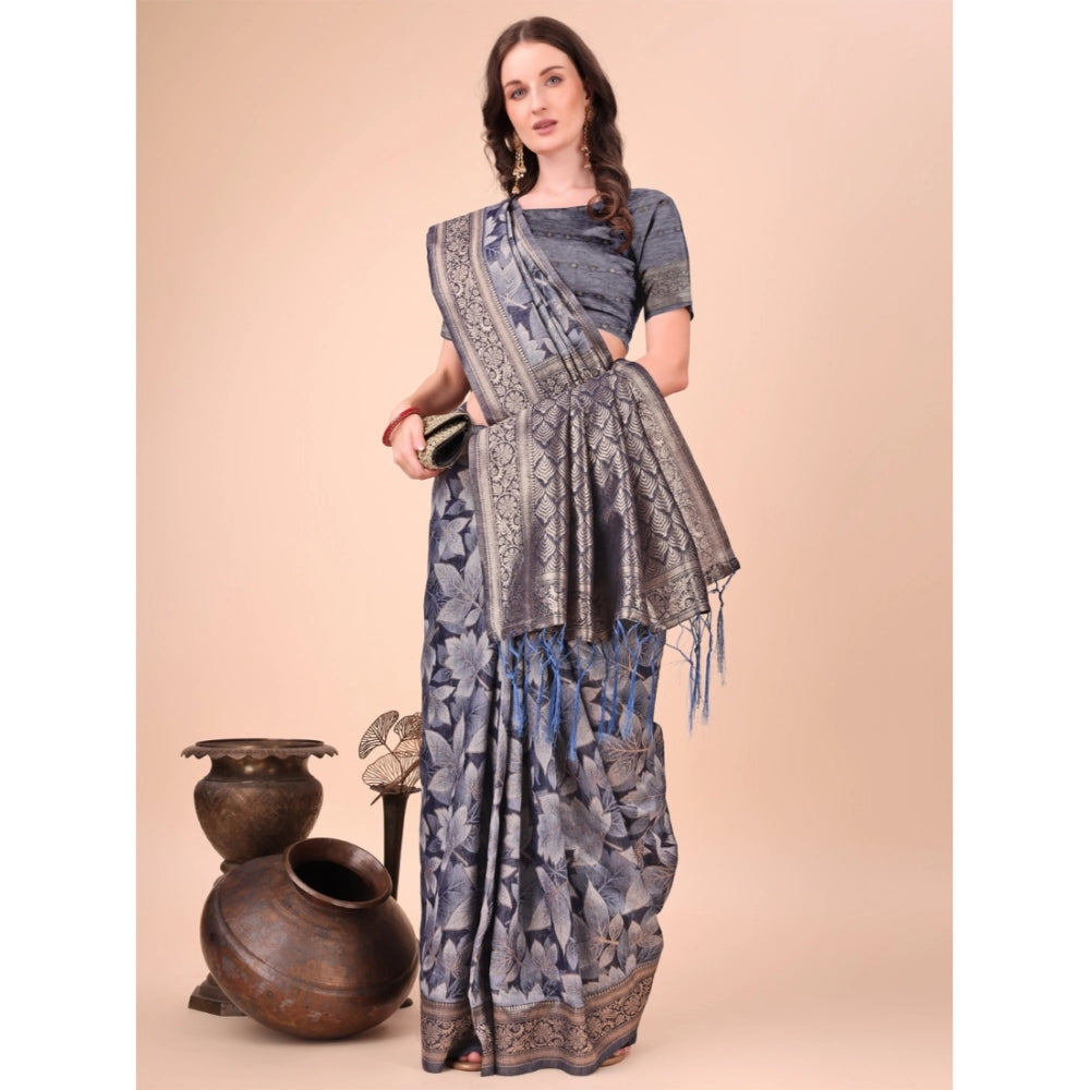 Generic Women's Cotton Printed Saree With Unstitched Blouse 5.5Mtr (Navy Blue)