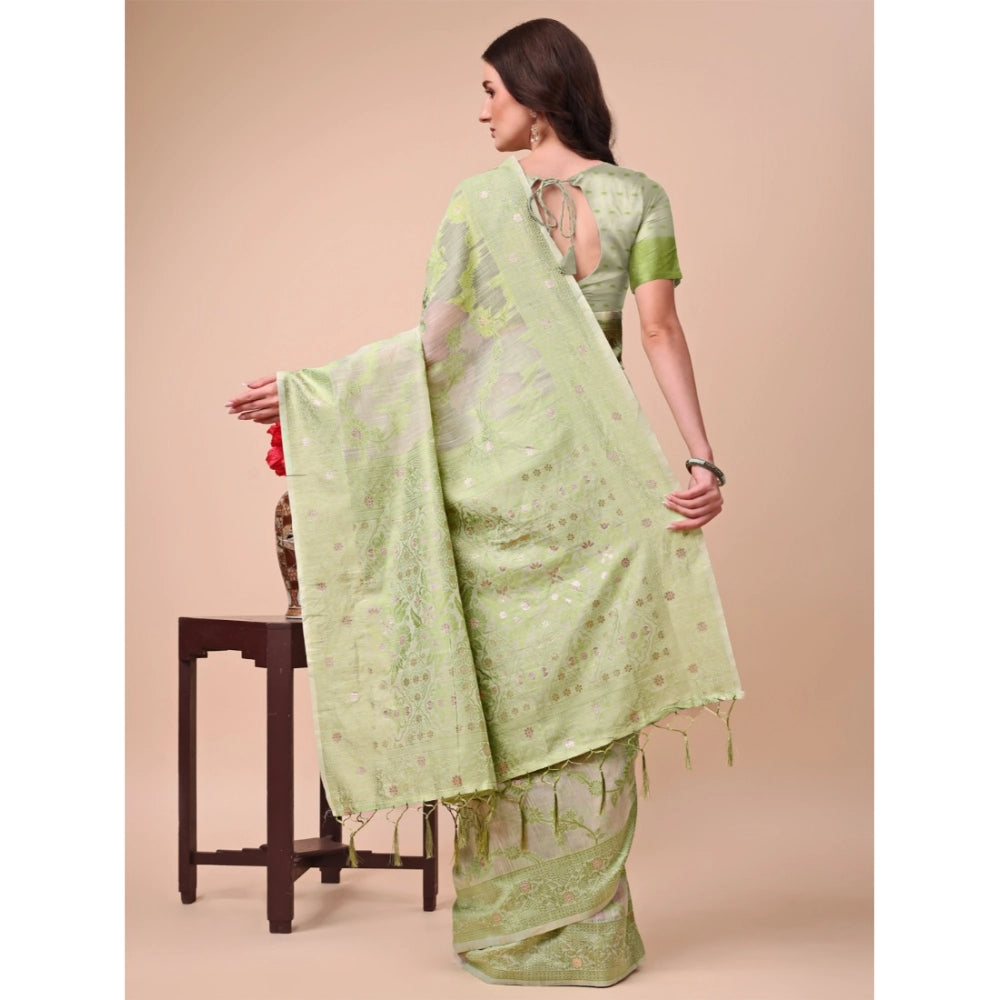 Generic Women's Cotton Printed Saree With Unstitched Blouse 5.5Mtr (Light Green)
