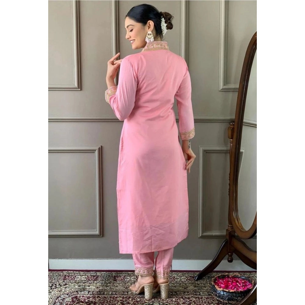 Generic Women's Roman Silk Embroidery 3-4th Sleeve V-Neck Kurti With Pant Dupatta Set (Pink)