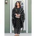 Generic Women's Cotton Blend Printed Kurti With Pant Dupatta Set (Black)