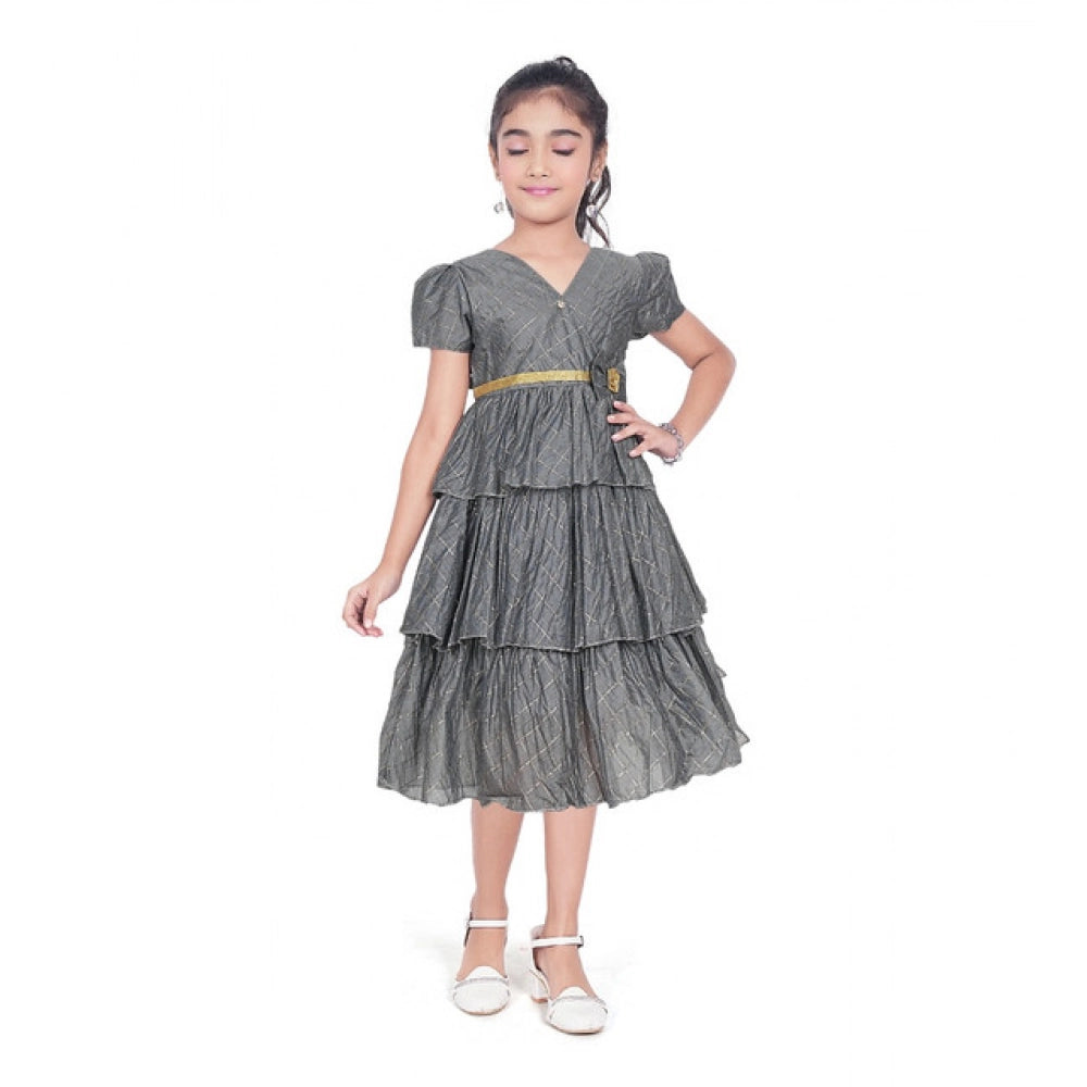 Generic Girl's Artificial Silk Striped Short Sleeve V Neck Dress (Grey)