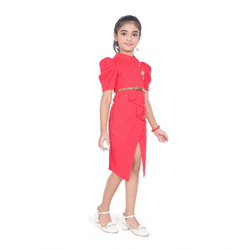 Generic Girl's Cotton Lycra Soild Short Sleeve Close Neck Dress (Pink)