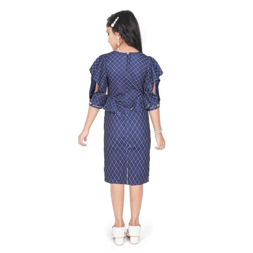 Generic Girl's Knitted Striped Short Sleeve Round Neck Dress (Navy Blue)