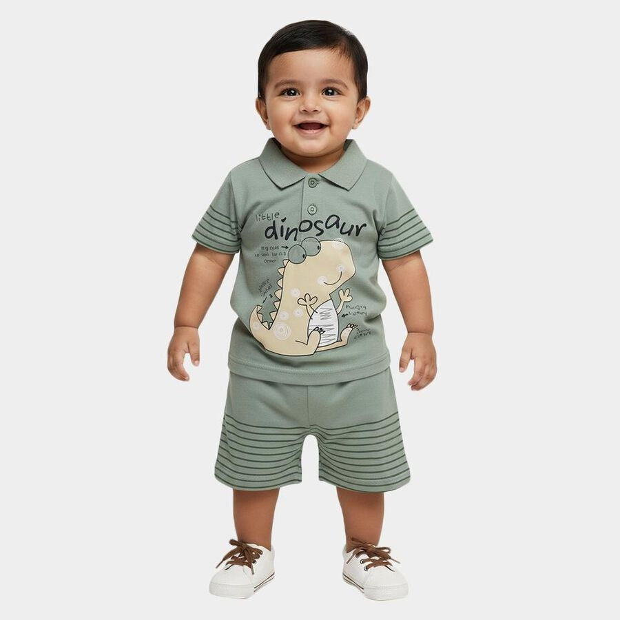Green Cotton Polo Neck Dinosaur Printed Baby Suit