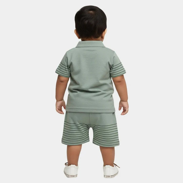 Green Cotton Polo Neck Dinosaur Printed Baby Suit