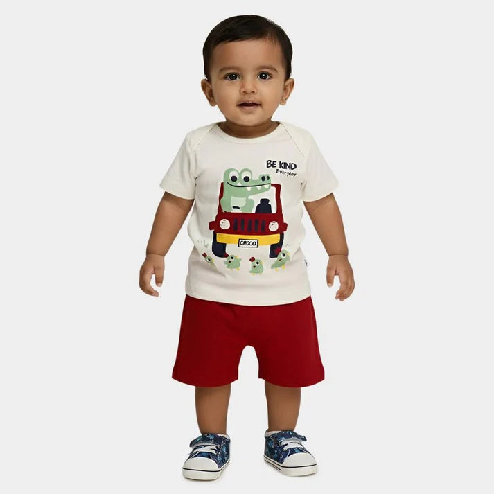 Red 100% Cotton Round Neck Printed Baby Suit