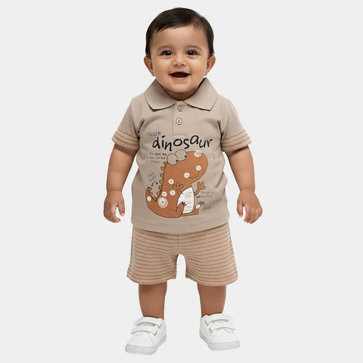 Beige Cotton Polo Neck Dinosaur Print Baby Suit