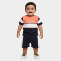Orange and Navy Cotton Round Neck Colorblocked Baby Suit