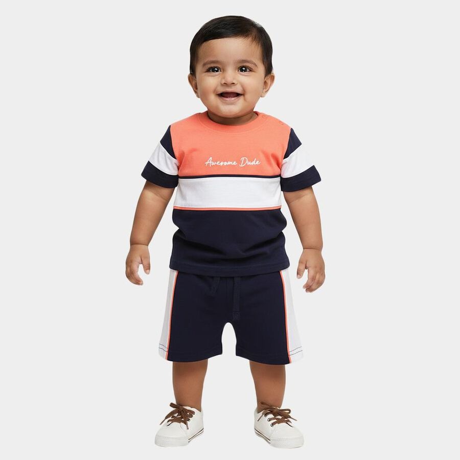 Orange and Navy Cotton Round Neck Colorblocked Baby Suit