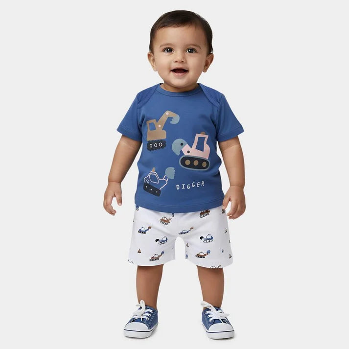 Blue Cotton Round Neck Printed Baby Suit