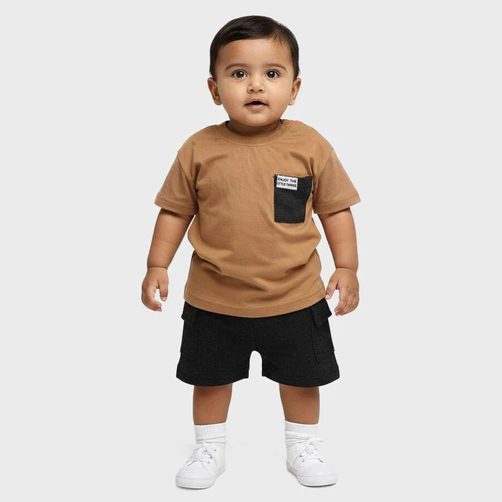 Beige Cotton Blend Round Neck Pocketed Baby Suit