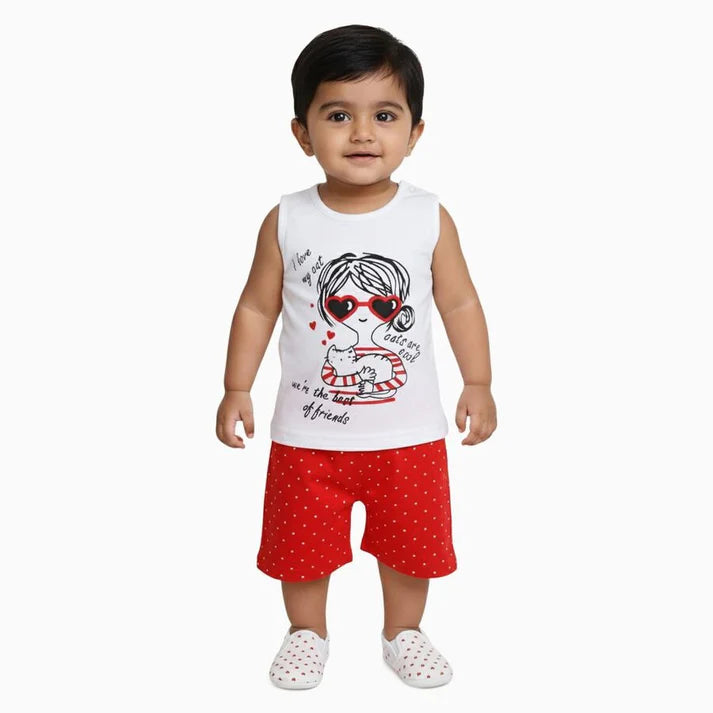 Boys White Cotton Sleeveless Graphic Top and Red Polka Dot Shorts Set