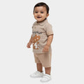 Beige Cotton Polo Neck Dinosaur Print Baby Suit