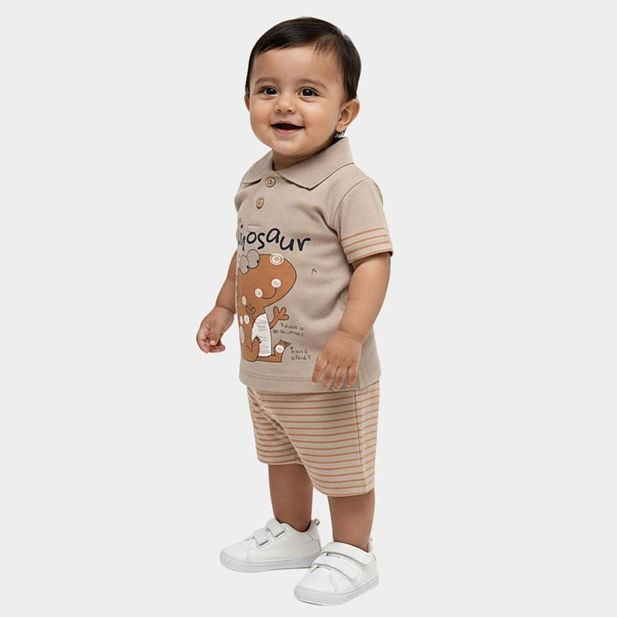 Beige Cotton Polo Neck Dinosaur Print Baby Suit