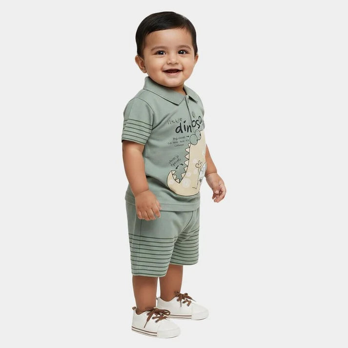 Green Cotton Polo Neck Dinosaur Printed Baby Suit