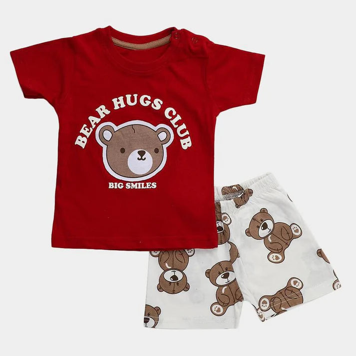 Red Cotton Round Neck Graphic Baby Suit