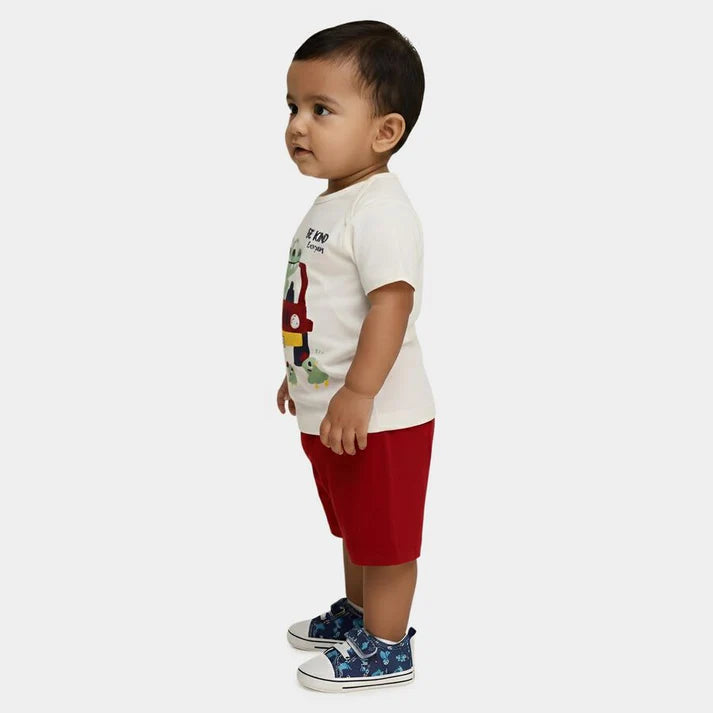 Red 100% Cotton Round Neck Printed Baby Suit