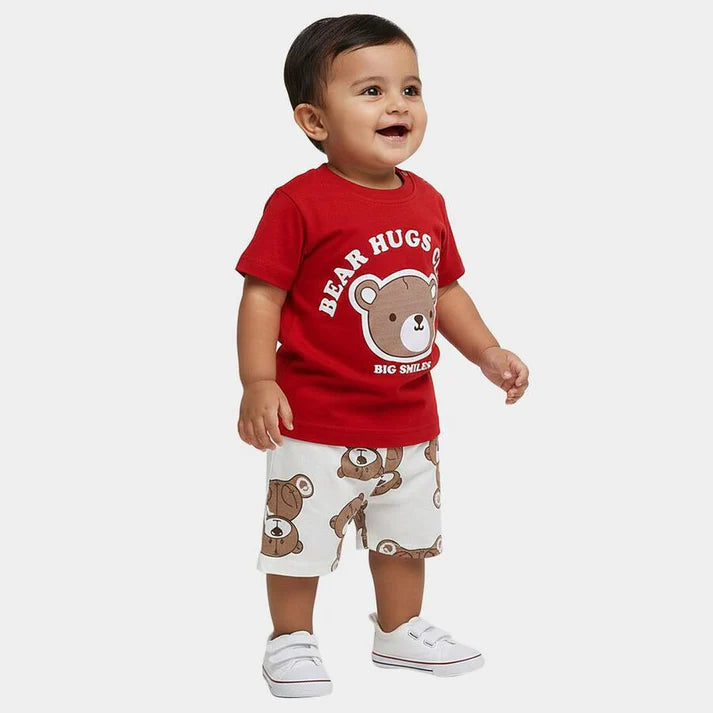 Red Cotton Round Neck Graphic Baby Suit