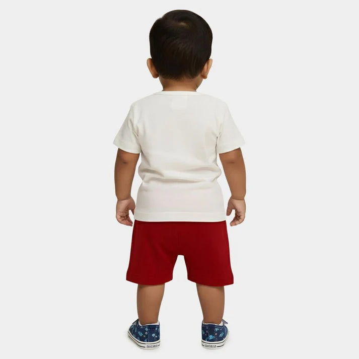 Red 100% Cotton Round Neck Printed Baby Suit