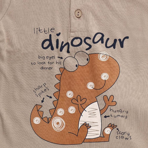 Beige Cotton Polo Neck Dinosaur Print Baby Suit