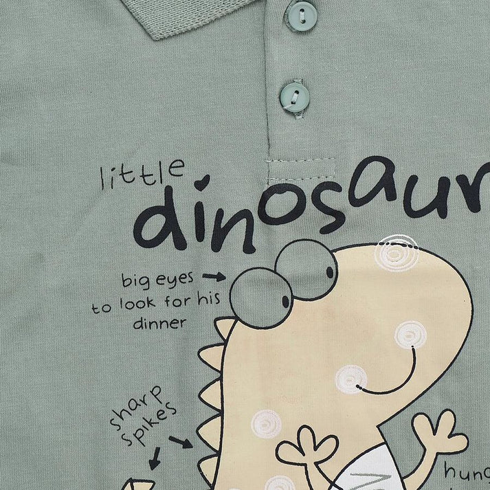Green Cotton Polo Neck Dinosaur Printed Baby Suit