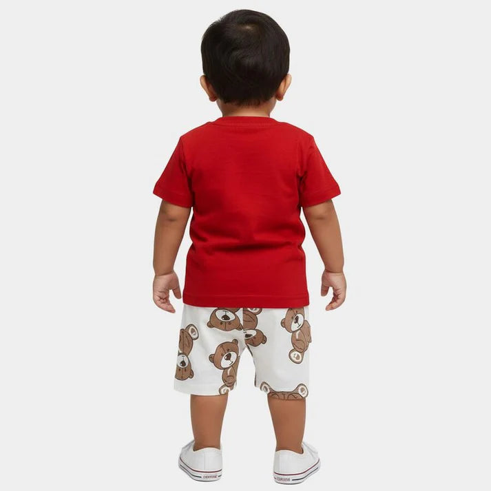 Red Cotton Round Neck Graphic Baby Suit