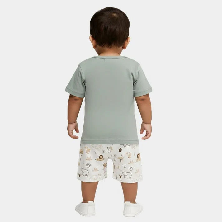 Mint Cotton Round Neck Animal Graphic Baby Suit
