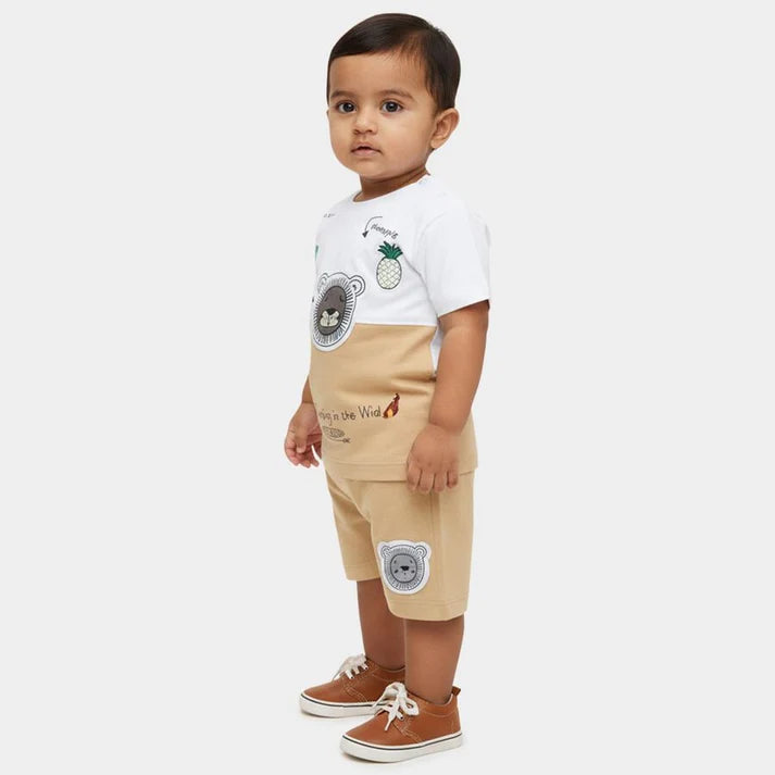 Beige Cotton Round Neck Printed and Applique Baby Suit