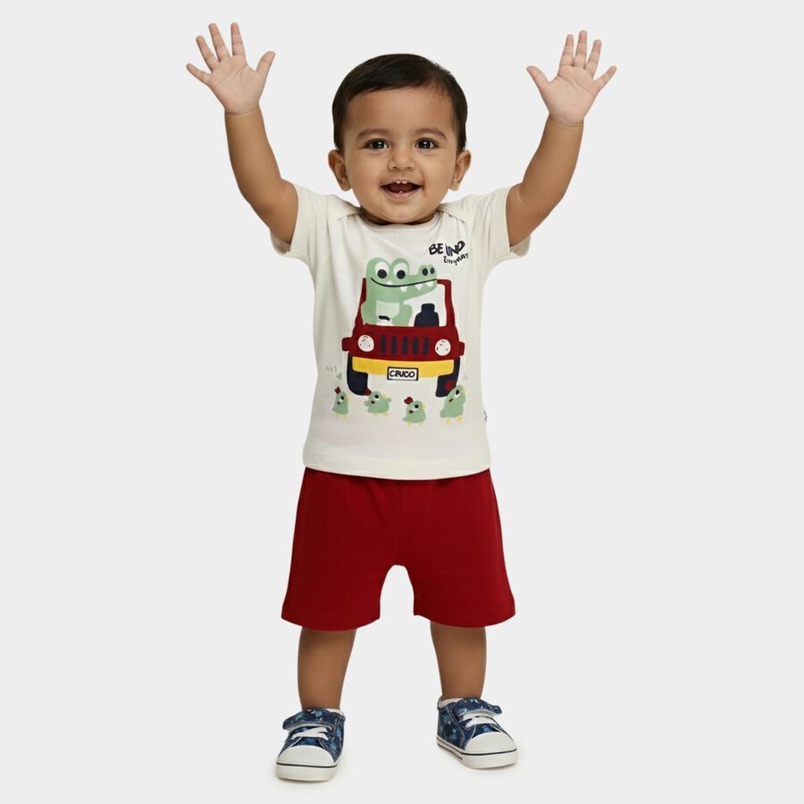 Red 100% Cotton Round Neck Printed Baby Suit