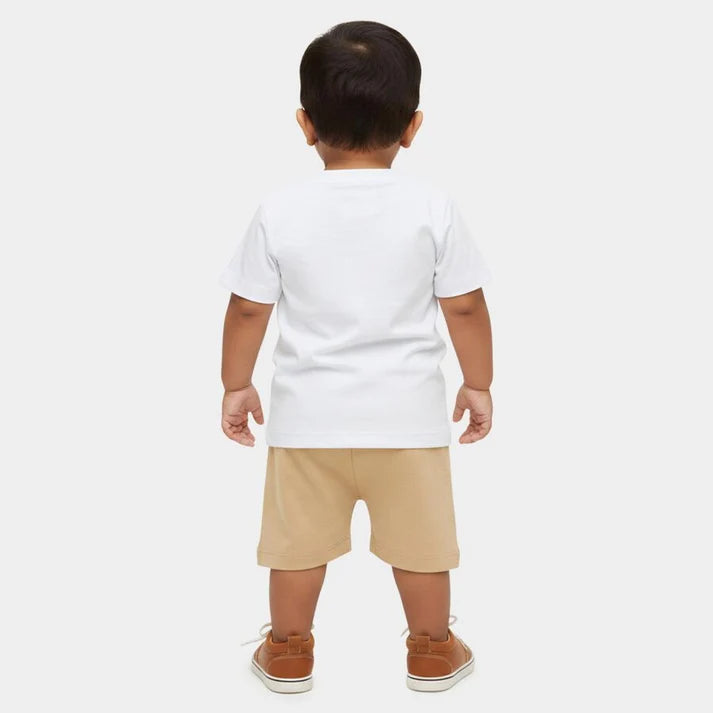 Beige Cotton Round Neck Printed and Applique Baby Suit