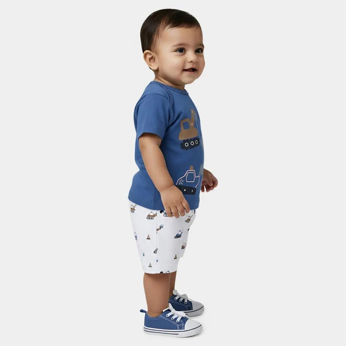 Blue Cotton Round Neck Printed Baby Suit