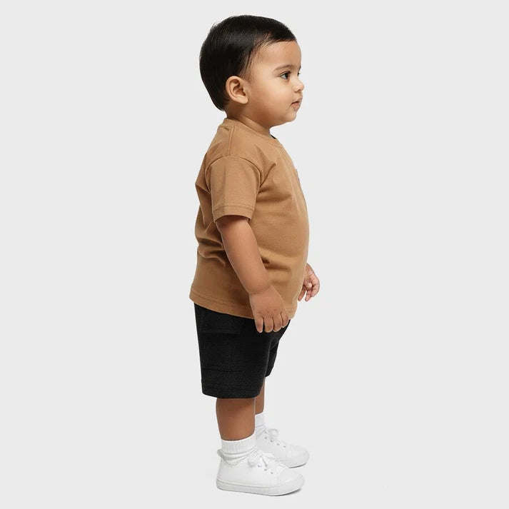 Beige Cotton Blend Round Neck Pocketed Baby Suit