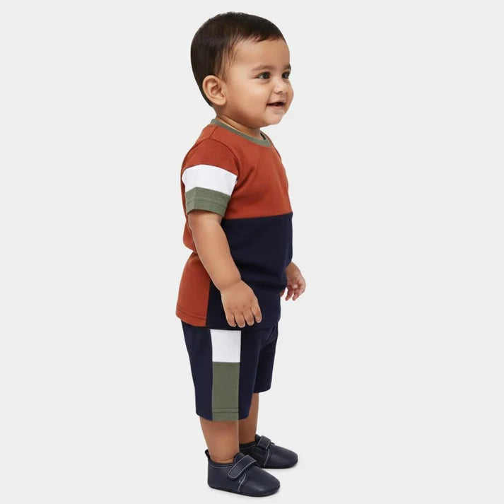 Navy Blue Cotton Round Neck Colorblock Baby Suit