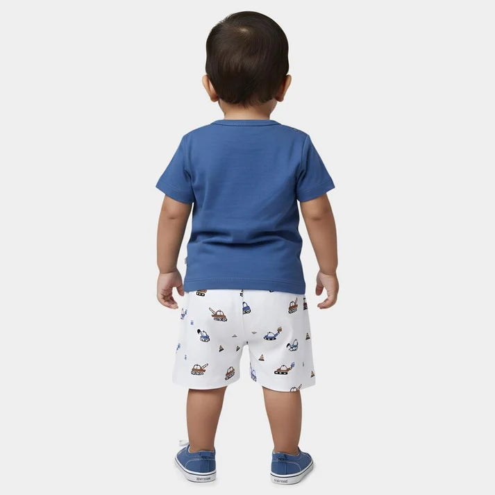 Blue Cotton Round Neck Printed Baby Suit