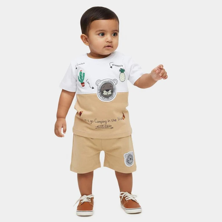 Beige Cotton Round Neck Printed and Applique Baby Suit