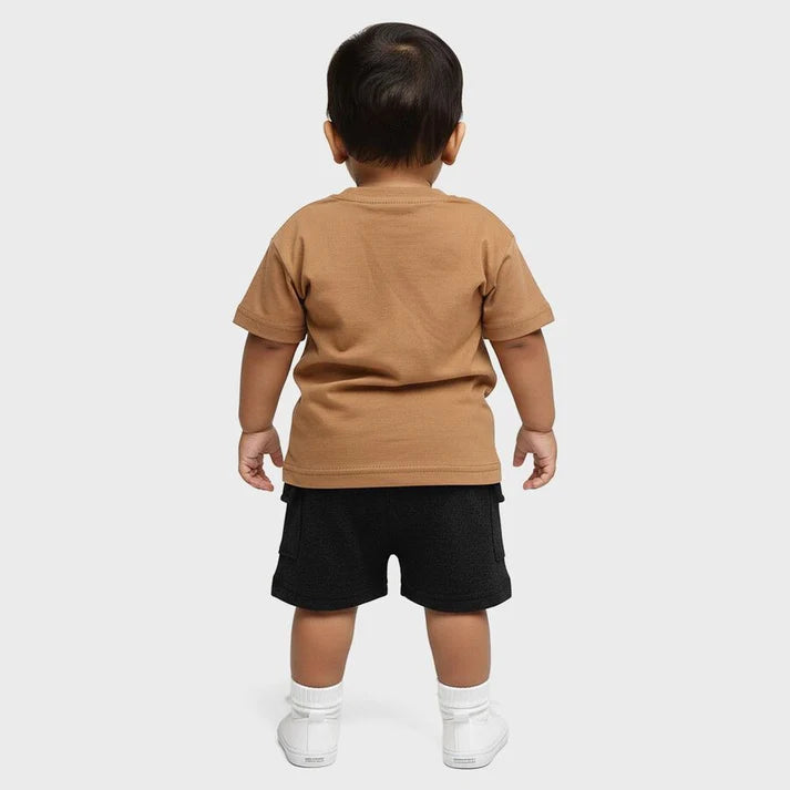 Beige Cotton Blend Round Neck Pocketed Baby Suit