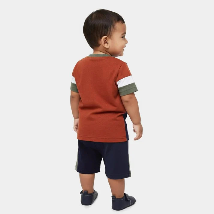 Navy Blue Cotton Round Neck Colorblock Baby Suit