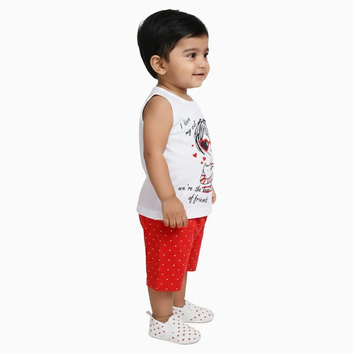 Boys White Cotton Sleeveless Graphic Top and Red Polka Dot Shorts Set