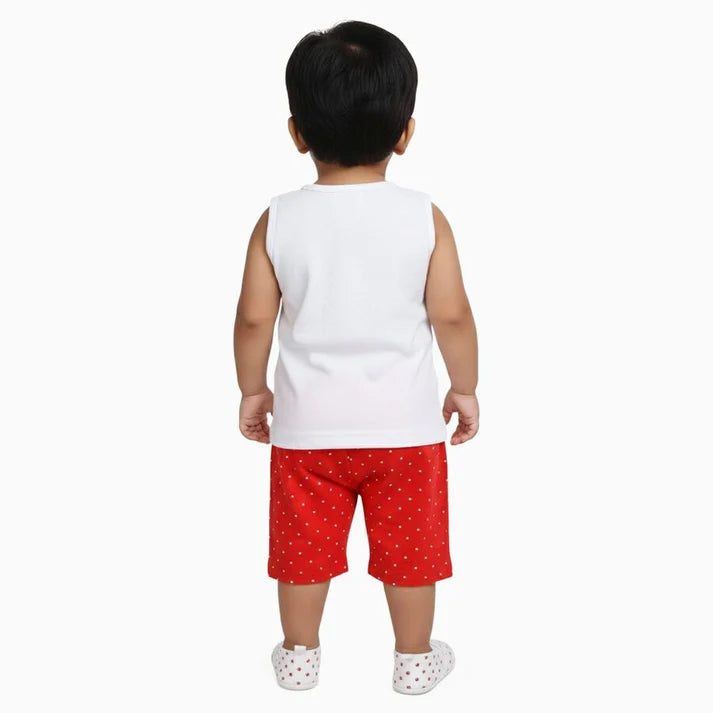 Boys White Cotton Sleeveless Graphic Top and Red Polka Dot Shorts Set