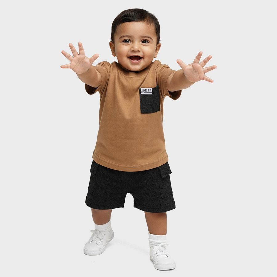Beige Cotton Blend Round Neck Pocketed Baby Suit