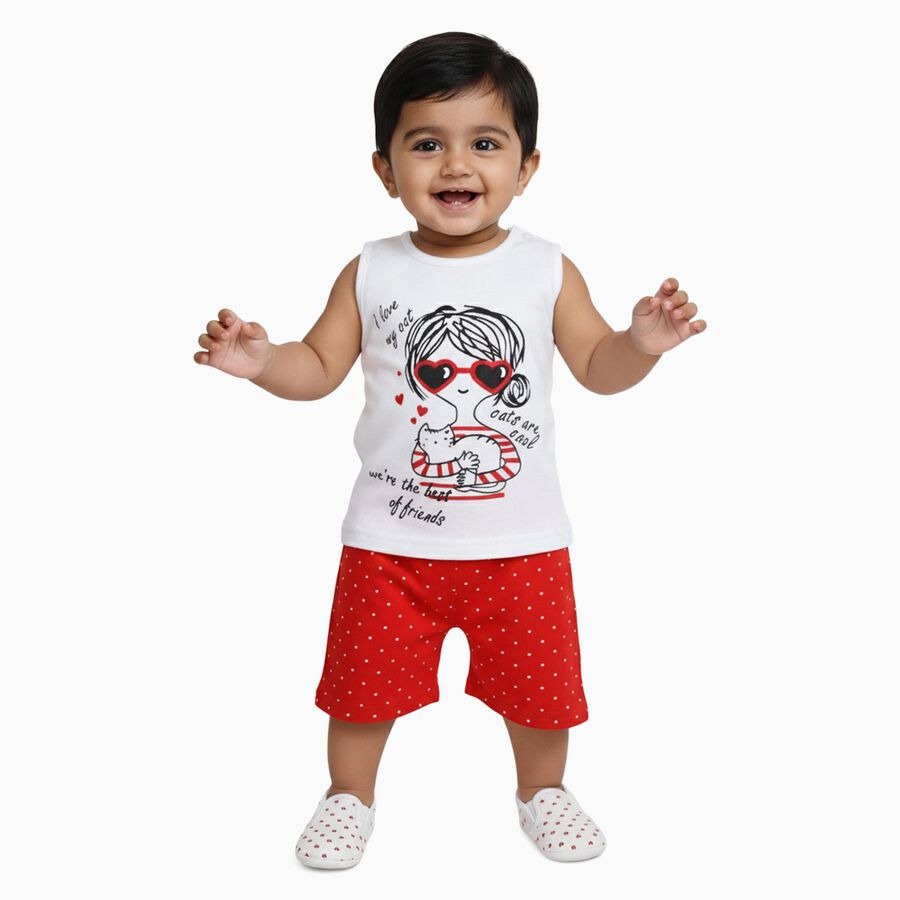 Boys White Cotton Sleeveless Graphic Top and Red Polka Dot Shorts Set